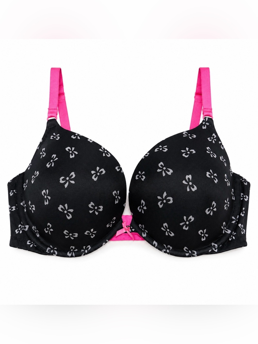Victoria's Secret Black Bra with Pink Straps and Gray Bow Print